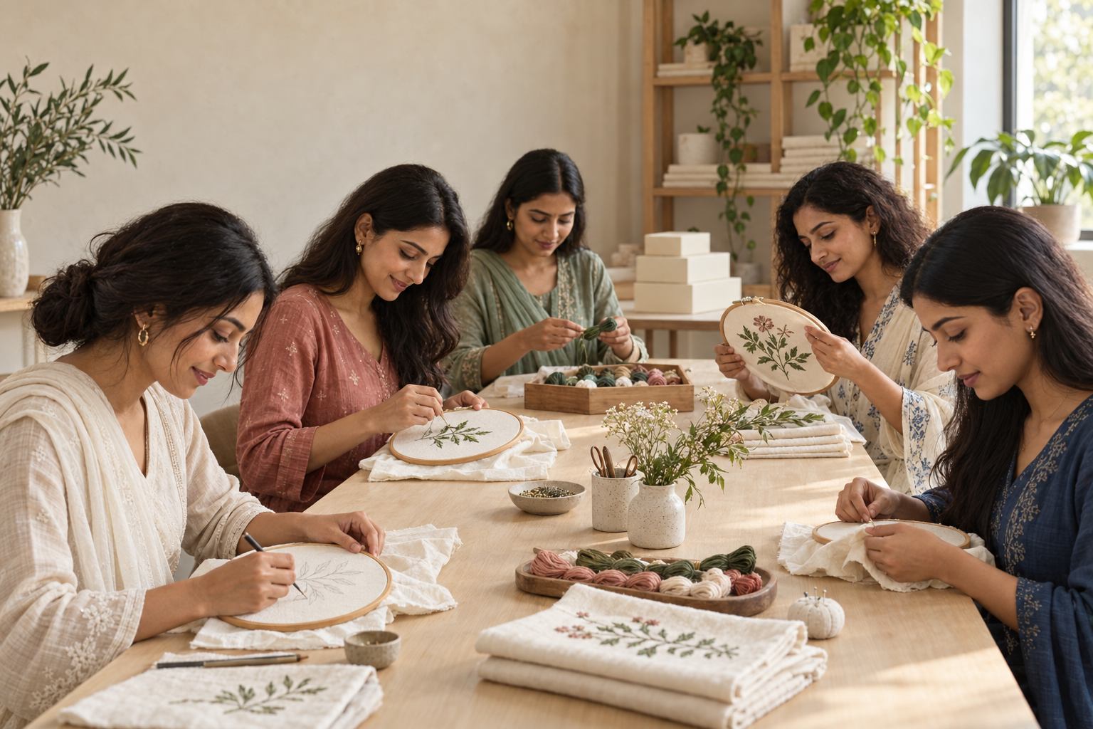 Women hand-embroidering ivory cotton in wooden hoops around a studio table (illustrative image)