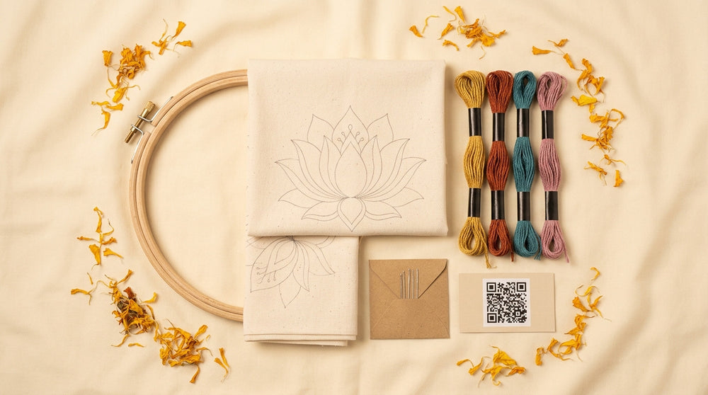 Ocean Duo Ritual Bundle — 2 Aquatic Sujni Embroidery Kits - Detail View Sujni Embroidery
