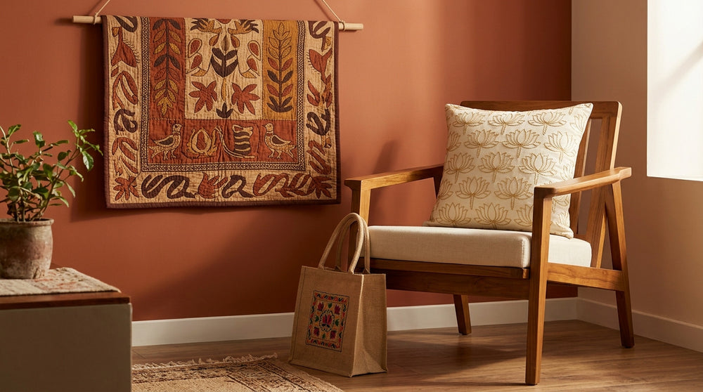 Chai and Bloom Duo — 2 Cosy Sujni Embroidery Kits - Detail View Sujni Embroidery