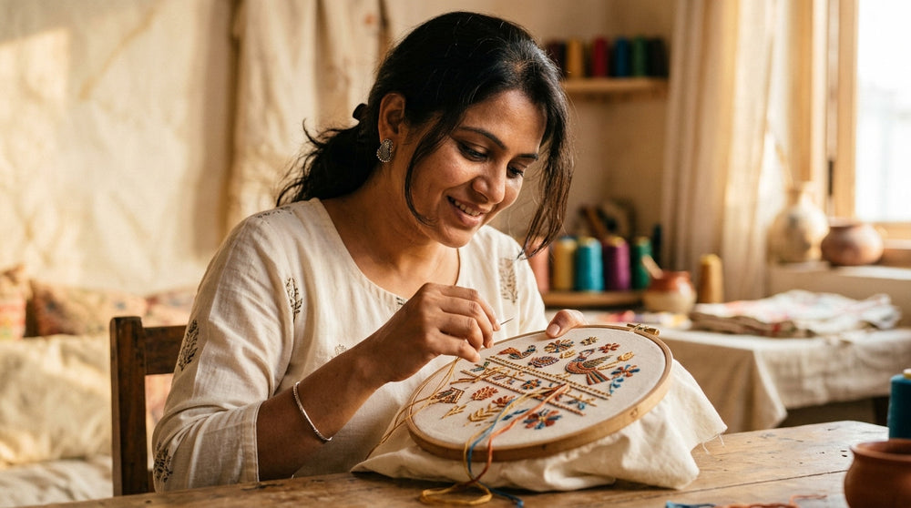 Aesthetic Love Duo — 2 Modern Romance Sujni Embroidery Kits - Detail View Sujni Embroidery