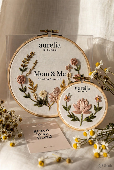 Maa's Love Gift Box — 2 Mother's Day Sujni Embroidery Kits — Premium Sujni Embroidery Kit by Aurilio Rituals