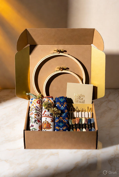 Festive Celebrations Box — 4 Seasonal Sujni Embroidery Kits — Premium Sujni Embroidery Kit by Aurilio Rituals