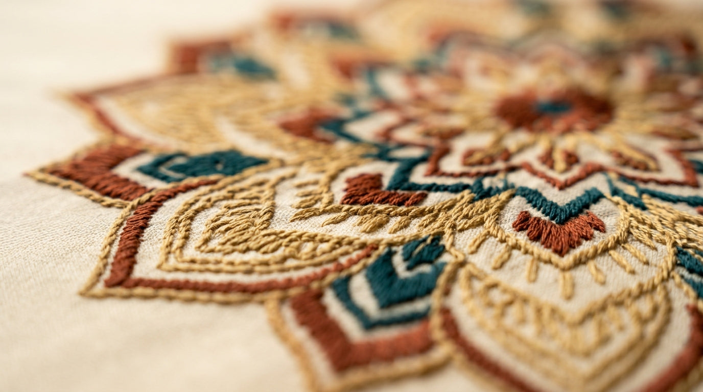 Sujni embroidery fabric close up